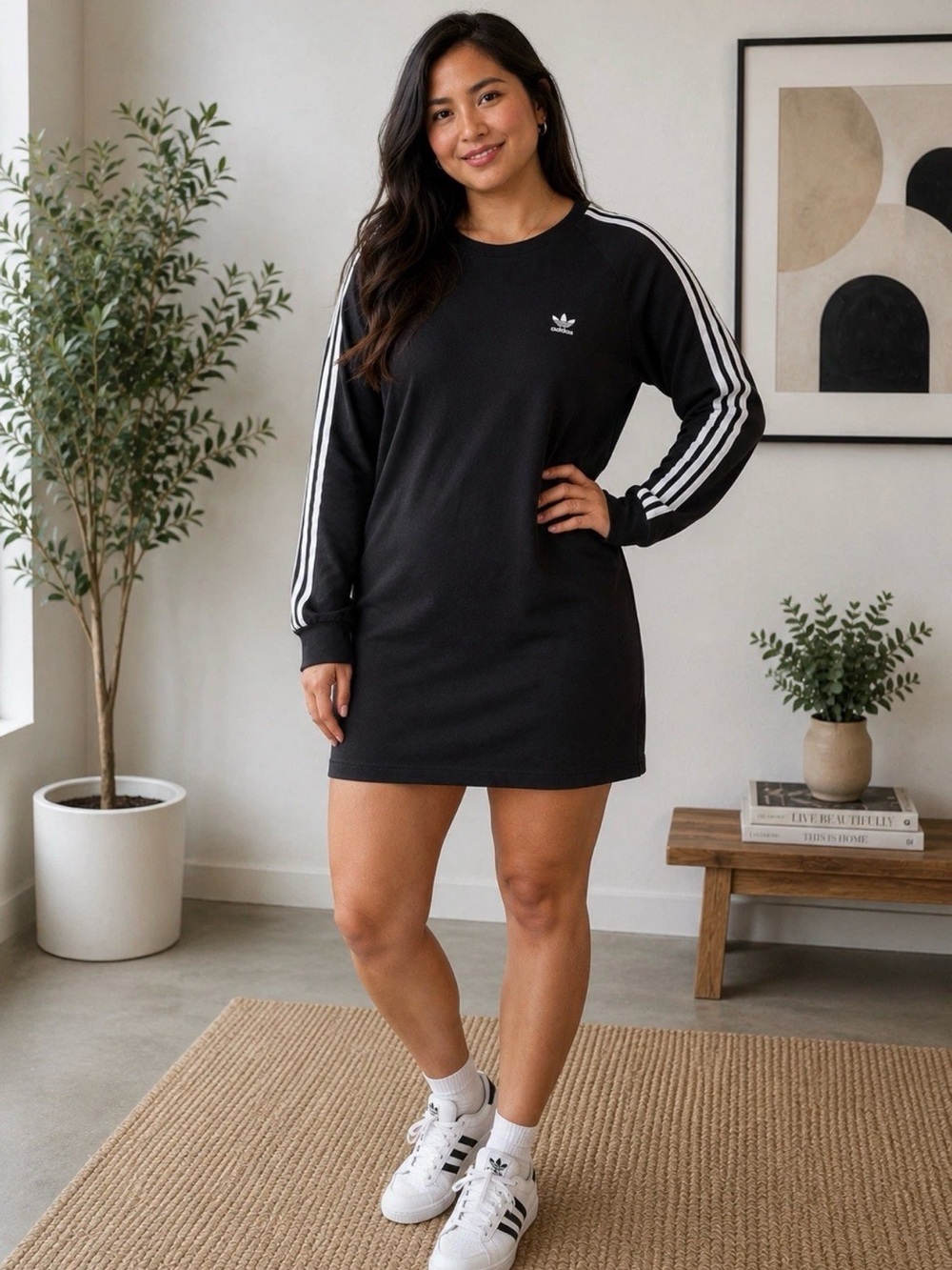 adidas Black Long-Sleeve Three-Stripe Dress with White Accents